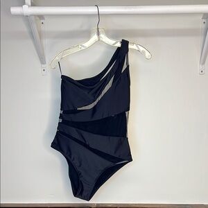 NWT‎ Amazon Black One-Shoulder & Mesh Cutout Swimsuit- M